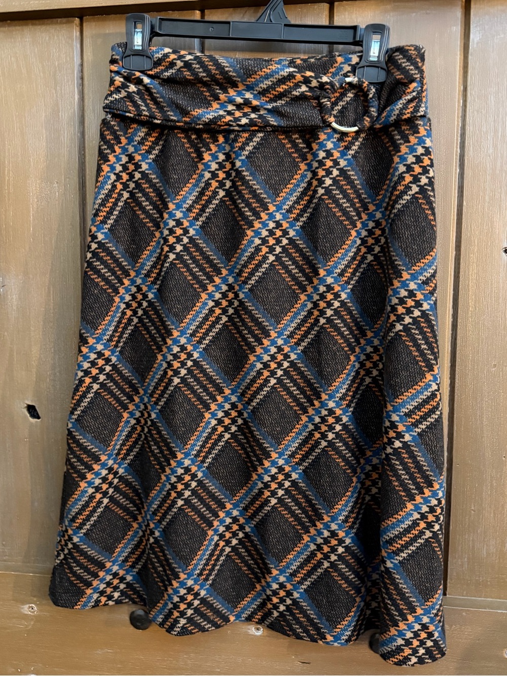 Vintage Robert Louis Stretch Knit Plaid A-Line Skirt with O-Ring Belt Size P Med